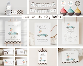 Two Fast Two Curious Birthday Bundle Set, Editable Template, Racing Birthday Package, Growing Up Two Fast Suite, Blue, LP21-039Q