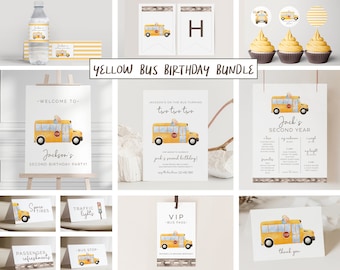 May include: A printable yellow school bus birthday party bundle with a welcome sign, invitation, food labels, a thank you card, and cupcake toppers. The text on the invitation reads "Jackson's on the bus turning two two two".