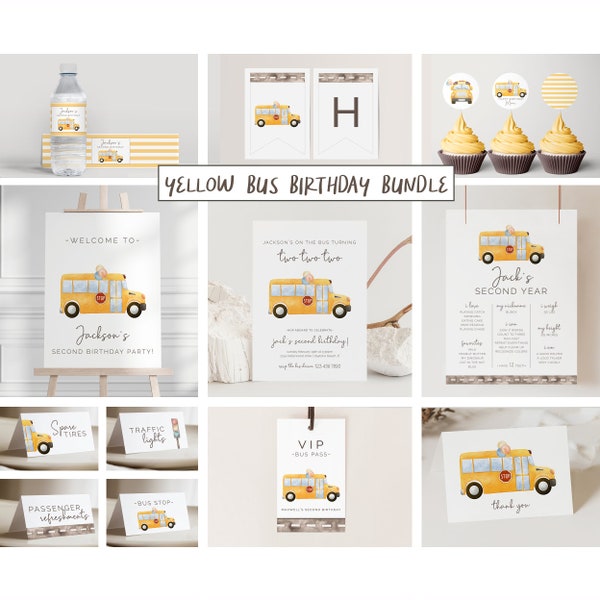 Yellow Bus Birthday Bundle Set, Editable Template, School Bus Birthday Package, Wheels on the Bus Suite, Turning Two, LP62-001Q