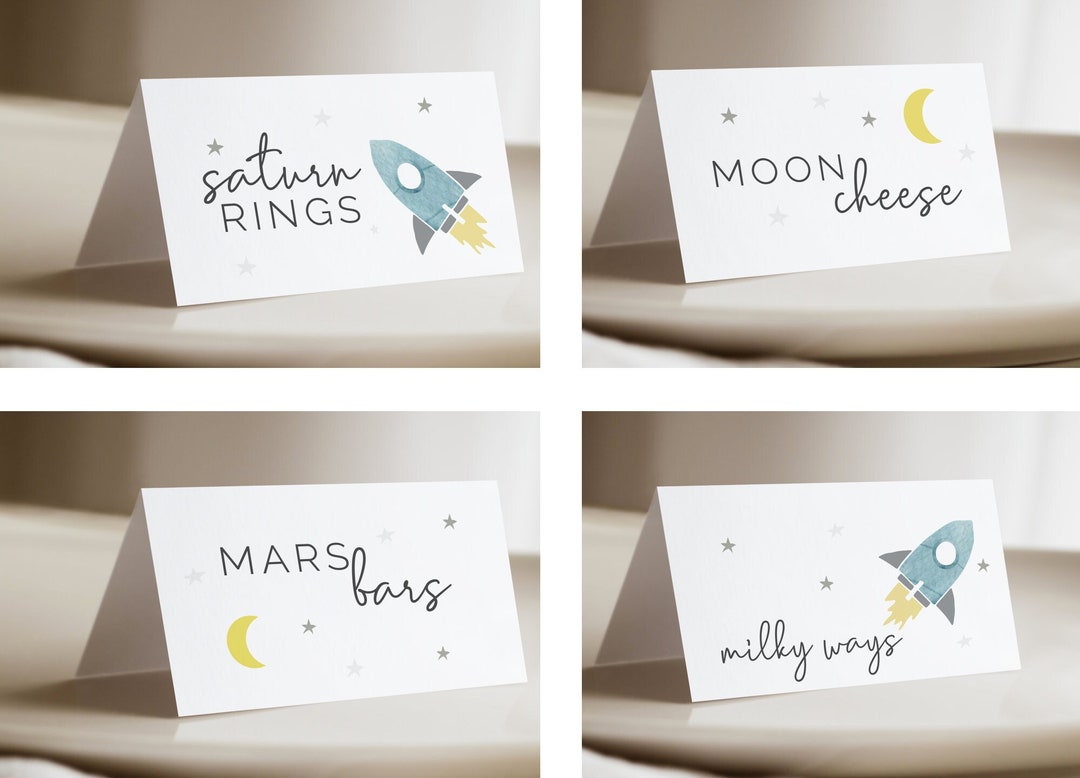 Two the Moon Food Tent Labels, Editable Template, Blue Rocket Ship ...