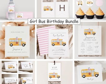 May include: A collection of party supplies with a school bus theme. Includes invitations, banners, cupcake toppers, water bottle labels, and thank you cards. The text "Girl Bus Birthday Bundle" is displayed.