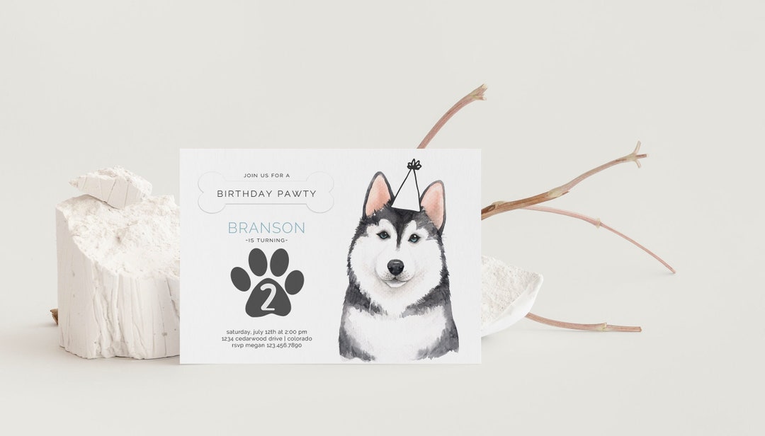 Siberian Husky Birthday Invitation, Editable Template, Party Animal