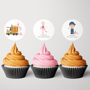 Lastwagen und Tutus Cupcake Toppers, bearbeitbare Vorlage, Baustellenpartyetiketten, gemeinsame Party-Extras, Prinzessin zum Ausdrucken, LP47-037b