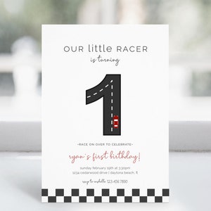 Racing First Birthday Invitation, Editable Template, Red Race Car Party, 1 Little Racer, Speedway, Start Your Engines, Fast One, LP21-002