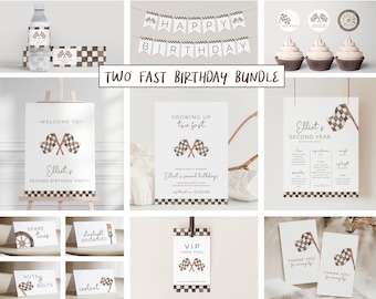 Growing Up Two Fast Birthday Bundle Set, Editable Template, Racing Birthday Package, Two Fast Two Curious Suite, Vintage Flags, LP21-023Q