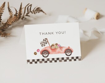 Racing and Donuts Thank You Card, Editable Template, Sweet Celebration Birthday Printable, Sweets and Race Cars, LP21-026f