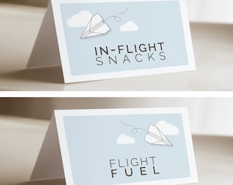 May include: Two folded cards with a light blue background, white clouds, and a paper airplane illustration. The top card reads "IN-FLIGHT SNACKS" and the bottom card reads "FLIGHT FUEL" in black text. The cards are angled.