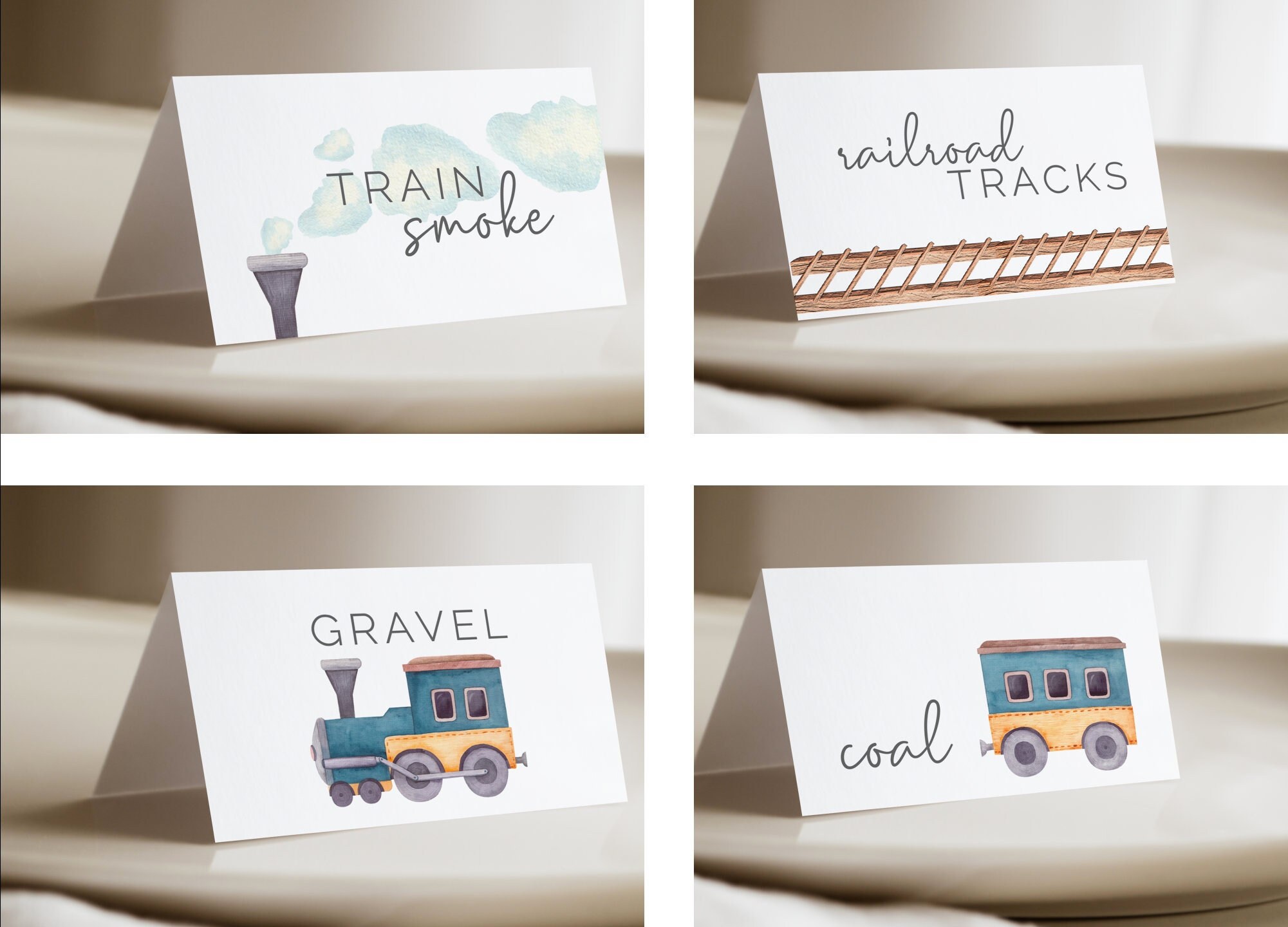 Train Theme Food Tent Labels, Editable Template, Steam Locomotive Labels, Printable, Train Smoke, Coal, Railroad Tracks, Gravel, LP39-003f
