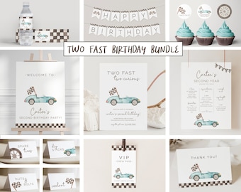 Two Fast Two Curious Birthday Bundle Set, Editable Template, Racing Birthday Package, Growing Up Two Fast Suite, Blue, LP21-013Q