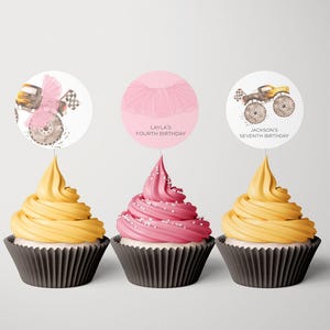 Monstertrucks und Tutus Cupcake Toppers, bearbeitbare Vorlage, Monster Bash Partyetiketten, gemeinsame Party Extras, Prinzessin, LP21-083c