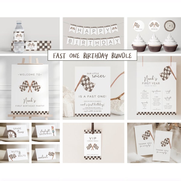 Fast One Birthday Bundle Set, Editable Template, Racing Birthday Package, First Lap Suite, First Year Vintage Flags, LP21-023Qa