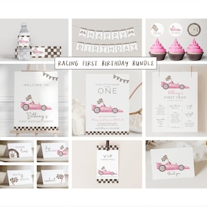 Girl First Lap Birthday Bundle Set, Editable Template, FAST ONE Racing Birthday Package, Growing up too Fast Suite, Pink Car, LP21-022Q