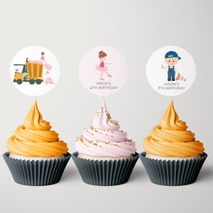 Dump Trucks und Tutus Cupcake Toppers, bearbeitbare Vorlage, Baustellenpartyetiketten, gemeinsame Party-Extras, Prinzessin zum Ausdrucken, LP47-034g