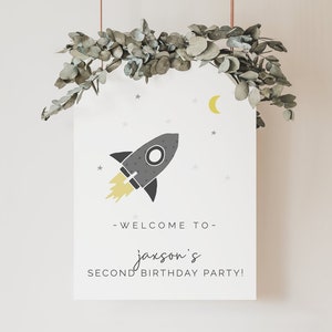 Two the Moon Welcome Sign, Editable Template, Rocket Ship Birthday Sign, Outer Space Theme, Welcome Banner, Planets and Stars LP32-002c