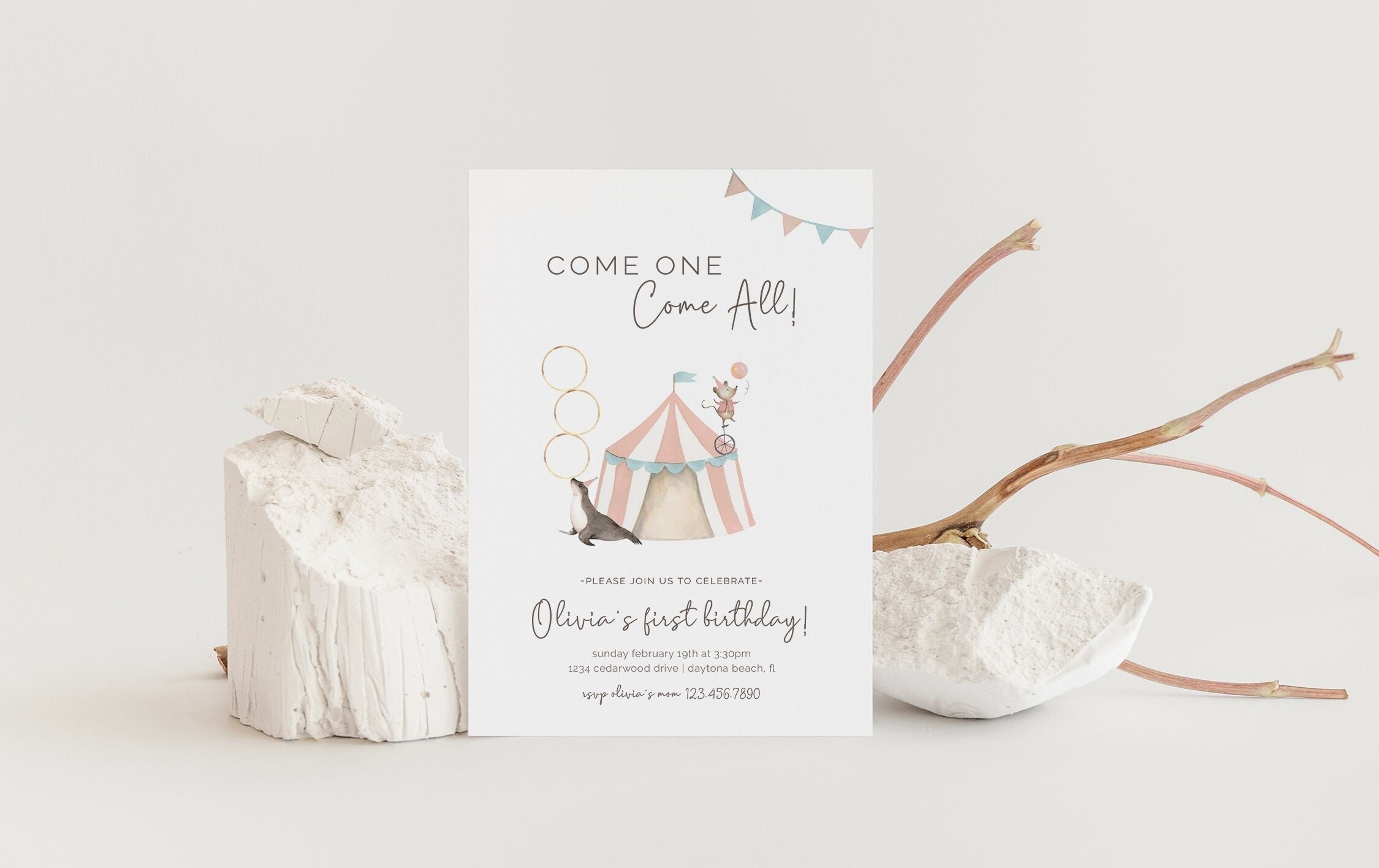 Circus Birthday Invitation, Editable Template, Come One Come All, Greatest Show on Earth, Girl First Birthday, LP61-002