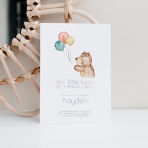 Bear Birthday Invitation, Editable Template, Beary First Birthday, Teddy Bear Party, Our Little Bear is turning One, Balloons, LP10-002