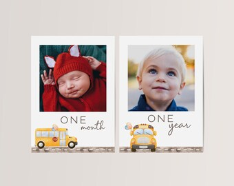 May include: Two photo cards with a yellow school bus illustration. The first card shows a baby wearing a red fox hat and the text "ONE month". The second card shows a toddler looking up and the text "ONE year".