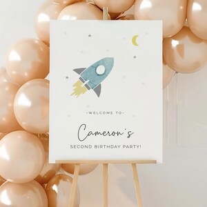 Two the Moon Welcome Sign, Editable Template, Rocket Ship Birthday Sign, Outer Space Theme, Welcome Banner, Planets and Stars LP32-004b