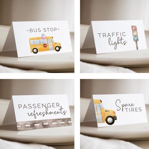 Etiquetas de barraca de comida de ônibus amarelo para meninas, modelo editável, ponto de ônibus escolar, volantes, refrescos para passageiros, semáforos, LP62-004g