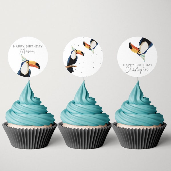 BOY Toucan Cupcake Toppers, Editable Template, Twin Bird Party Labels, Toucan Theme Birthday Printable, TwoCan have fun, LP19-003f