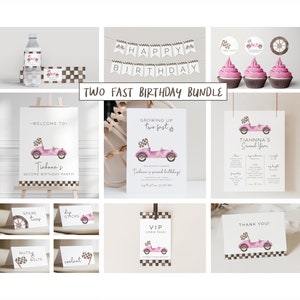 Growing Up Two Fast Birthday Bundle Set, Editable Template, Racing Birthday Package, Two Fast Two Curious Suite, Pink, LP21-017Qa