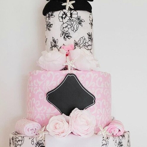 Baby Girl Mini 3-Tier Pink/ Black Flowers Diaper Cake