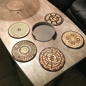 Theme Park Manhole Coasters | Disney Manhole Covers | Wood Drink Coasters | Laser Engraved | Living Room Decor