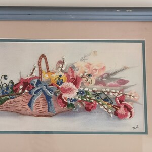 Vintage Glynda Turley Flower Basket Needlepoint Framed, FRAME DAMAGE Bucilla Stitchery Iris Flowers Floral Needlepoint Grandmillennial