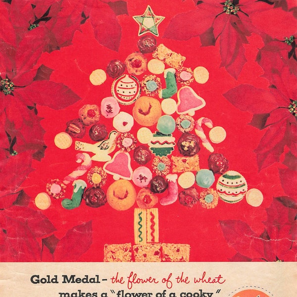 1956 Goldmedaille Mehl Vintage Druck Ad Weihnachten Plätzchen Weihnachtsbaum Backen