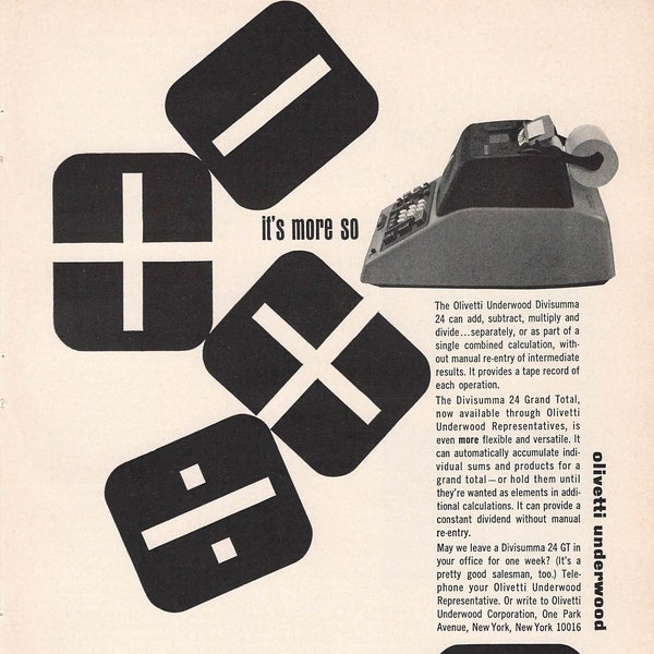 1964 Olivetti Underwood Divisumma 24 Vintage Print Ad Adding Machine Office