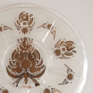 MCM Georges Briard Sonata Glass Platter, Round Tray Vintage Bird Floral Gilded Pressed Glass Retro Decor Cake Midcentury Modern Collectible