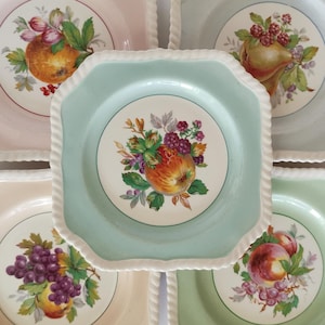 Platos de frutas Johnson Bros., juego vintage de 5 platos, pasteles, cuadrados, ribete de cuerda, frutas de California, decoración inglesa antigua, plato para ensalada y postre.