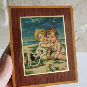 Vintage Babies at the Beach Plaque - 1930s Seaside Fun Coastal Small Children Wall Art Kewpies Vintage Antique Calendar Ephemera