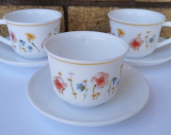 Arcopal Milk Glass Set of 3 Vintage Teacups and Saucers, Summer Meadow Floral Glass Tableware Grandmillenial Daffodils