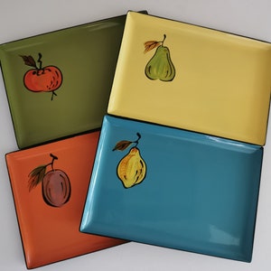 Set of 4 Vintage Japanese Lacquer Small Trays Multicolor Fruit MCM Lacquerware