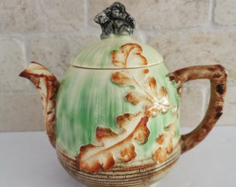 Vintage Squirrel Oak Leaves Teapot CRAZING Handpainted Ceramic Black Squirrel Green Tree Branches Marutomoware Japan