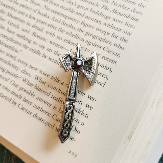 Vintage Scottish War Axe Kilt Pin Brooch Celtic Purple Stone Silvertone Jewelry Battle Axe
