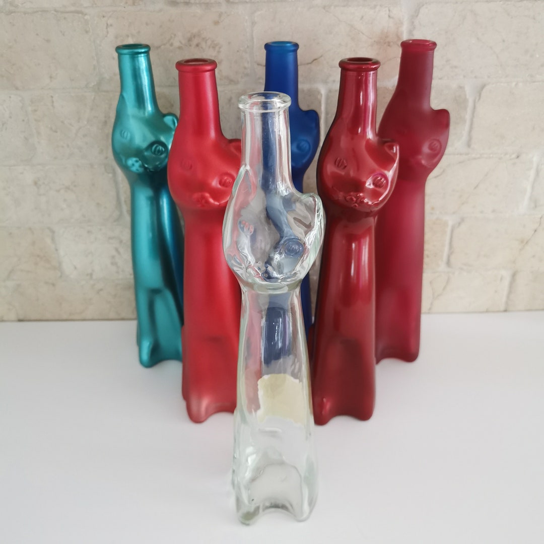 Catshaped Wine Bottle, EMPTY Glass Multicoloured Feline Decoration Vase Motif Abstract Design