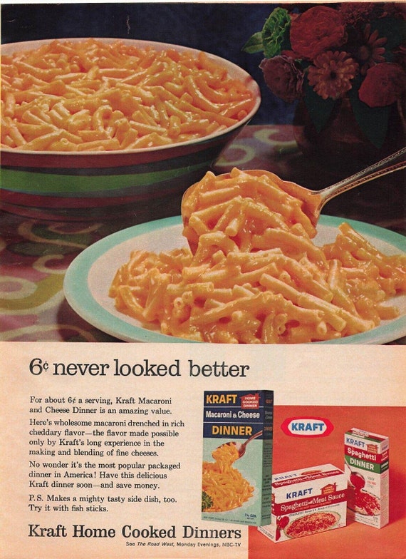 1967 Kraft Dinner Vintage Print Ad 6cents Boxed Mac & Cheese