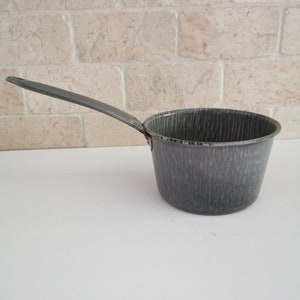 Gray Graniteware Sauce Pan Vintage, Speckled Swirl Enamelware Pot with Handle Kitchen Farmhouse Decor Primitive Rustic