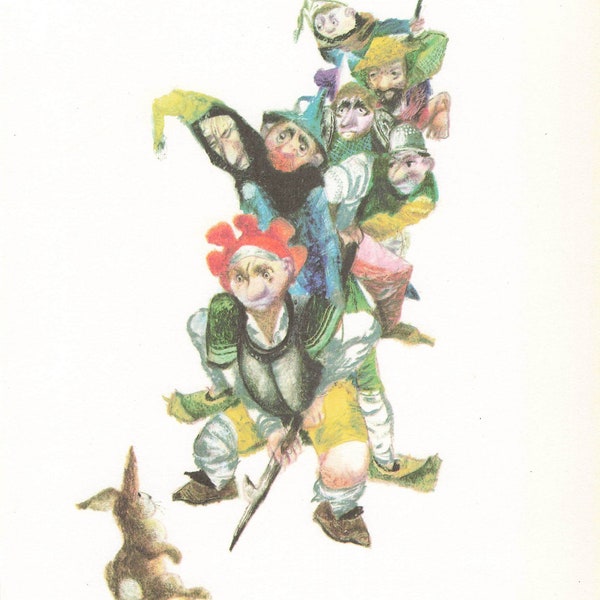 Seven Swabians Jiri Trnka 8.5"x10" Brothers Grimm Illustrations, German Fairy Tales Childrens Stories Room Decor Storybook Pages