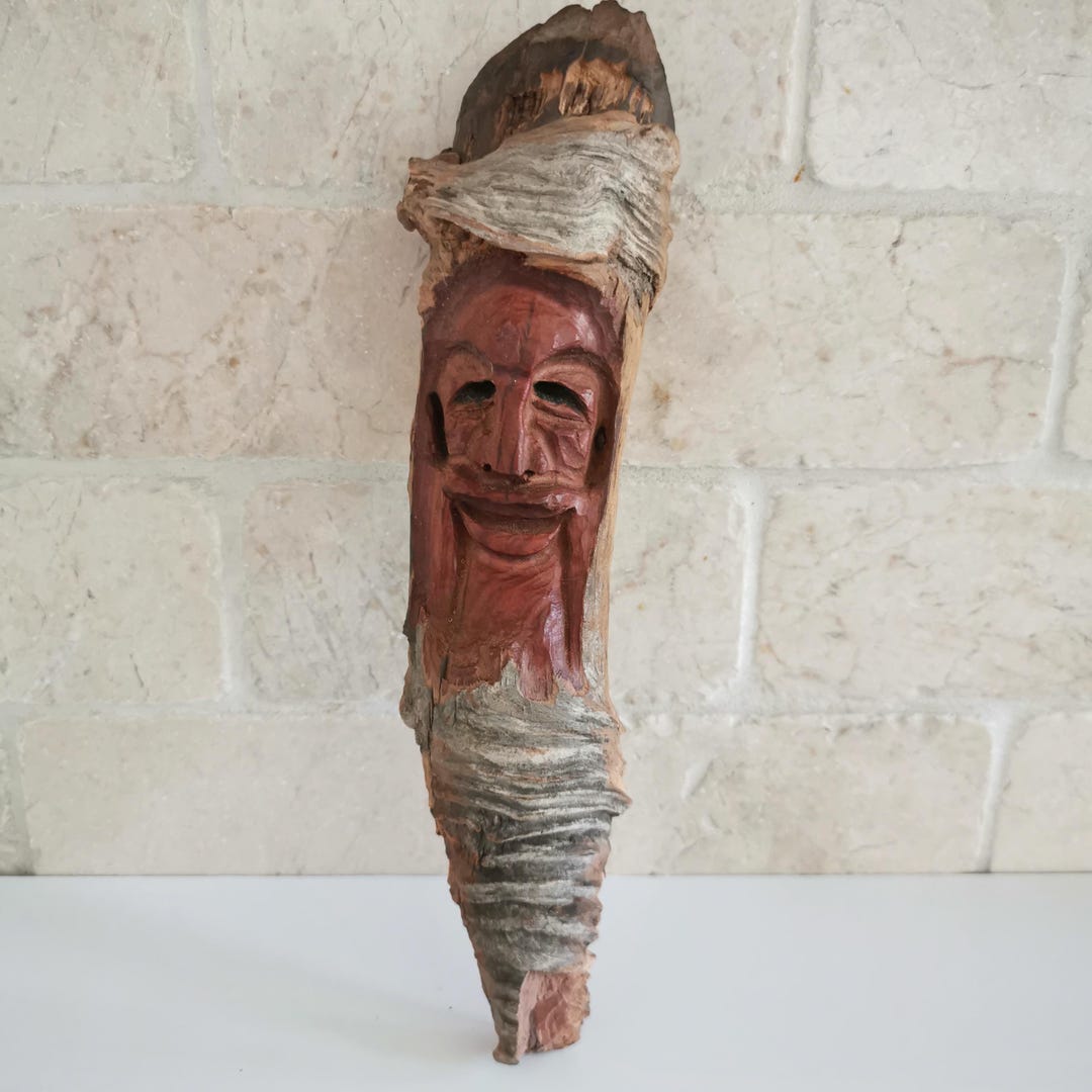 Handcarved Wood Tree Spirit Old Man Wizard Wooden Signed Carving Statue ...