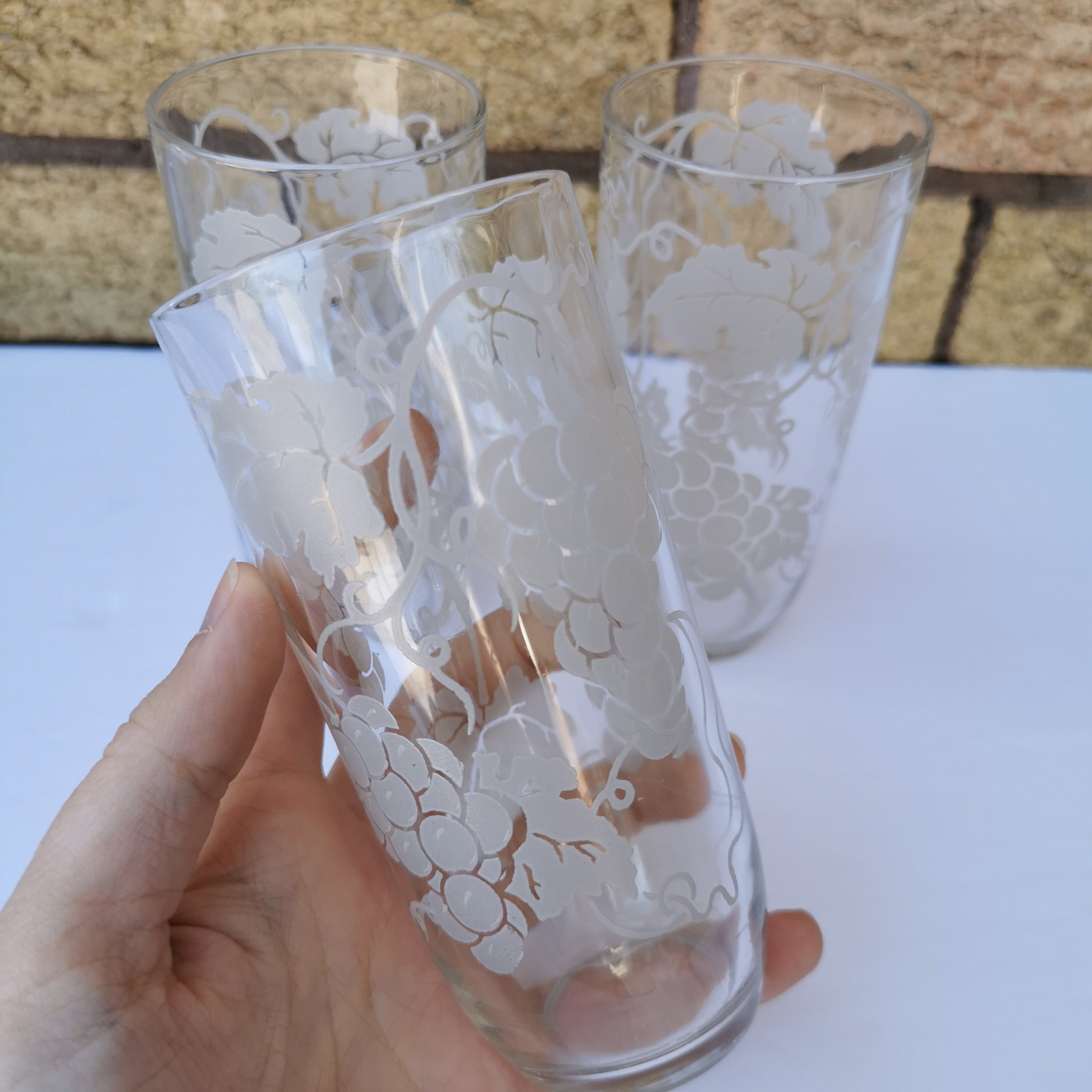 Set of 3 Vintage Etched Glass Tumblers with Grapes Leaves Etsy