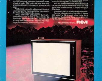 May include: Vintage advertisement for an RCA projection television. The ad features a large, boxy TV with a white screen and a dark wood-grain cabinet. Text highlights features like a 45-inch screen and video monitor capability. The background is a mix of blue, red, and black.