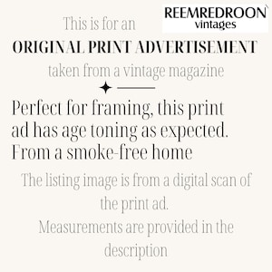 K&ouml;nnte beinhalten: Cremefarbene Vintage-Anzeige mit Text, der "ORIGINAL PRINT ADVERTISEMENT" und "Perfect for framing, this print ad has age toning as expected" lautet. Aus einem digitalen Scan.
