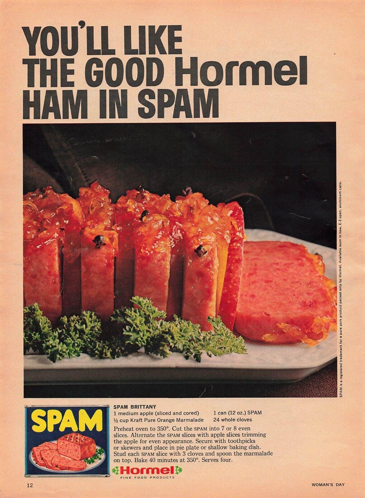 1967 Spam Hormel Ham Vintage Print Ad Spam Brittany Recipe
