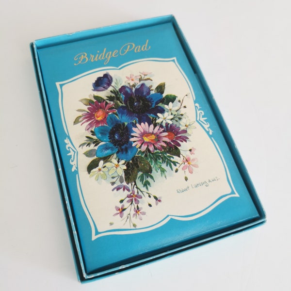 Vintage Unused Bridge Pad, Robert Laessig Florals Notepad Score Card Bright Blue Retro Strategy Games Tally Records