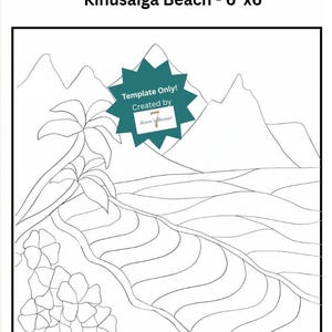 Może przedstawiać: Czarno-biały szablon grafiki liniowej zatytułowany Kinusaiga Beach - 15,24 cm x 15,24 cm, przedstawiający tropikalny krajobraz z górami, palmami i kwiatami. Turkusowa odznaka w kształcie gwiazdy zawiera tekst Template Only! Created by Seven's Bazaar.