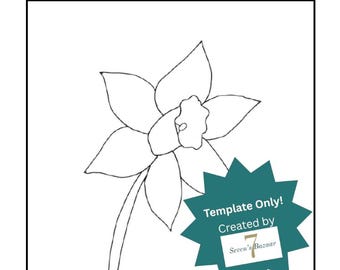 May include: A black and white line drawing of a daffodil flower labelled Kinusaiga Daffodil - 6"x6". A teal starburst shape in the corner contains the white text Template Only! Created by Seven's Bazaar. The design is centred on a white background.