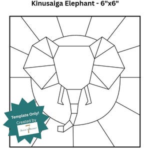Könnte beinhalten: Eine schwarz-weiße Kinusaiga-Elefanten-Vorlage mit den Maßen 15,24 cm x 15,24 cm. Die Grafik zeigt einen geometrischen Elefantenkopf in einem kreisförmigen Strahlenmuster. Ein blaugrünes Sternabzeichen enthält den Text Template Only! Created by Seven's Bazaar.